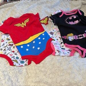 DC Wonder Woman & Batgirl Baby Onesies! Newborn & 3-6 month you get all 4! NEW!